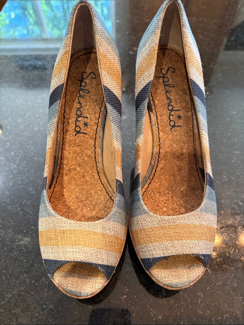 Splendid Striped Peep-Toe Wedges in Tan & Navy